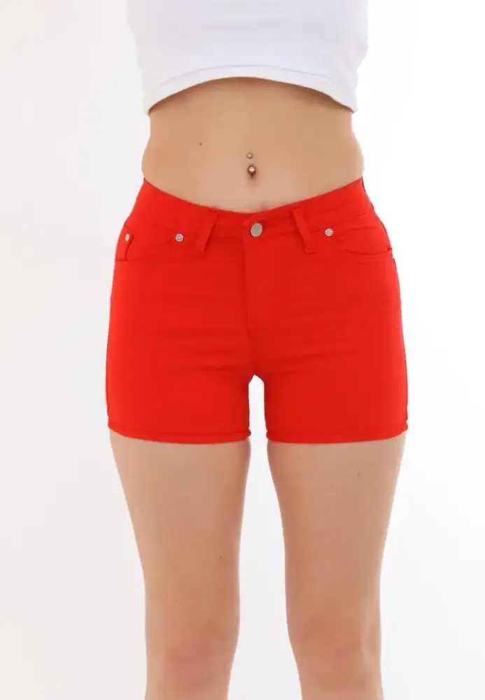 Blugi scurți damă de vară – elastici, mulați, cu buzunare la spate-rosu Engros